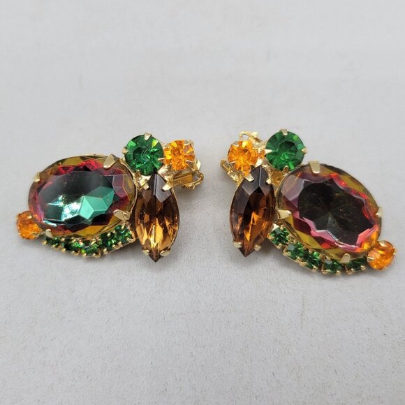 Juliana DeLizza & Elster Watermelon Crystal Gold-Tone Clip-On Earrings Unsigned - Picture 1 of 5